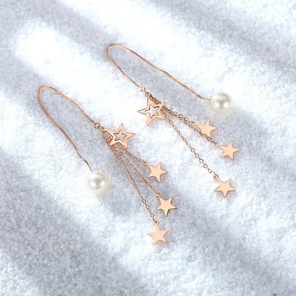 NEW 925 Sterling Silver Pearl Star Drop Earrings Q - Picture 4 of 8